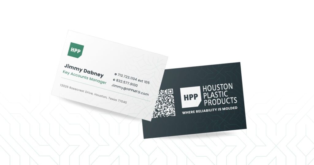 Business cards for Houston Plastic Products featuring new branding elements from their manufacturing brand refresh, including updated logo and tagline