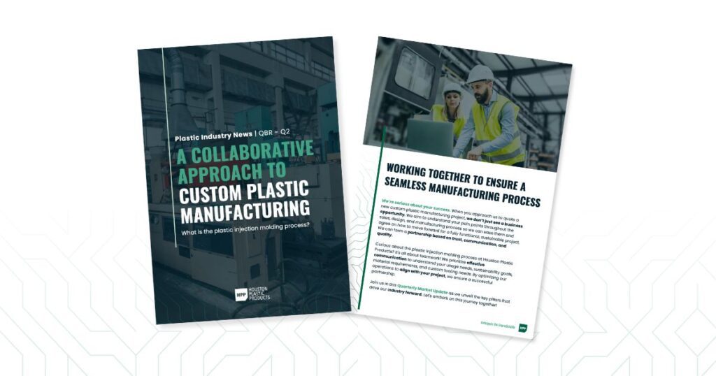 Editorial-style manufacturing collateral with bold headlines and clean layouts reflecting Houston Plastic Products’ redefined visual identity and values