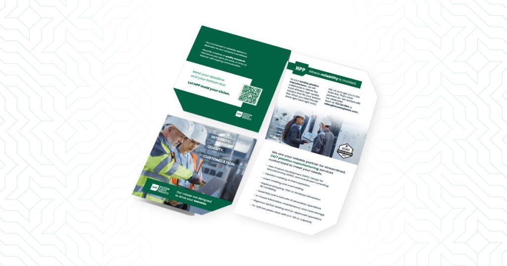 Sales brochures and capability sheets featuring updated messaging, design, and visuals from Houston Plastic Products’ manufacturing brand refresh