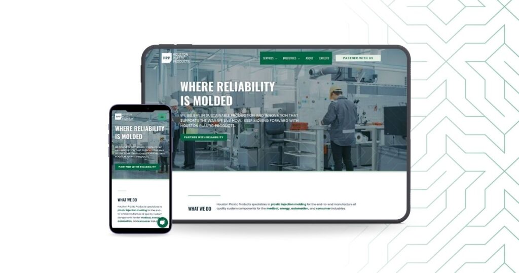 Mobile and tablet view of Houston Plastic Products’ redesigned homepage showcasing brand values and injection molding services.