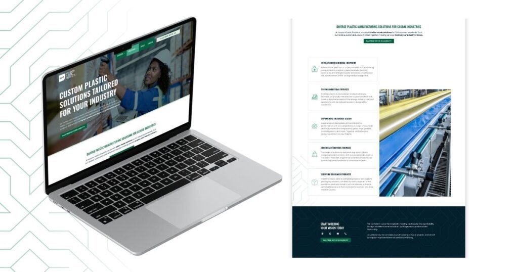 Laptop screen showing Houston Plastic Products’ custom plastic solutions for diverse industries with highlights on innovation and precision.