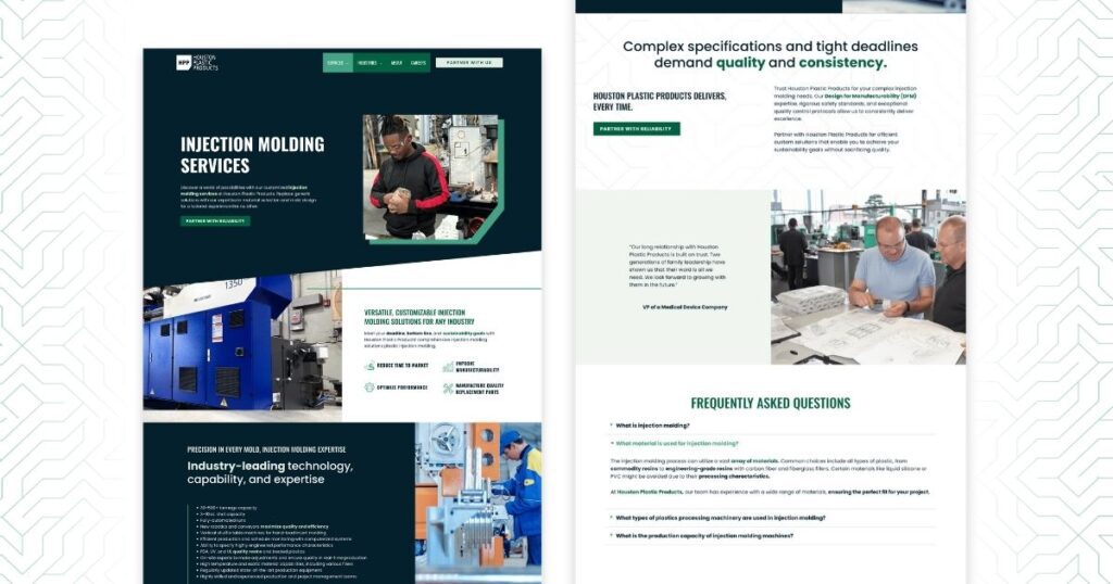 Houston Plastic Products’ detailed injection molding services web page including FAQs, product applications, and quality standards.