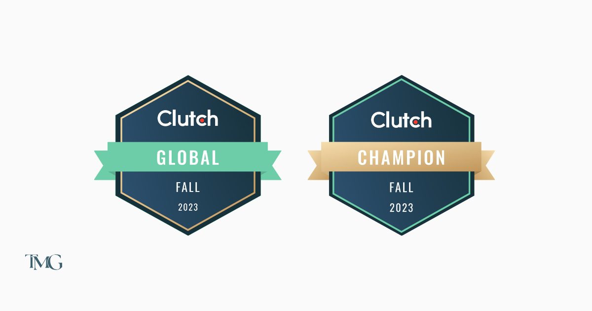 The badges of both Clutch awards side by side over a solid background showcasing TMG Marketing Partners awarded with dual 2023 Clutch Awards.