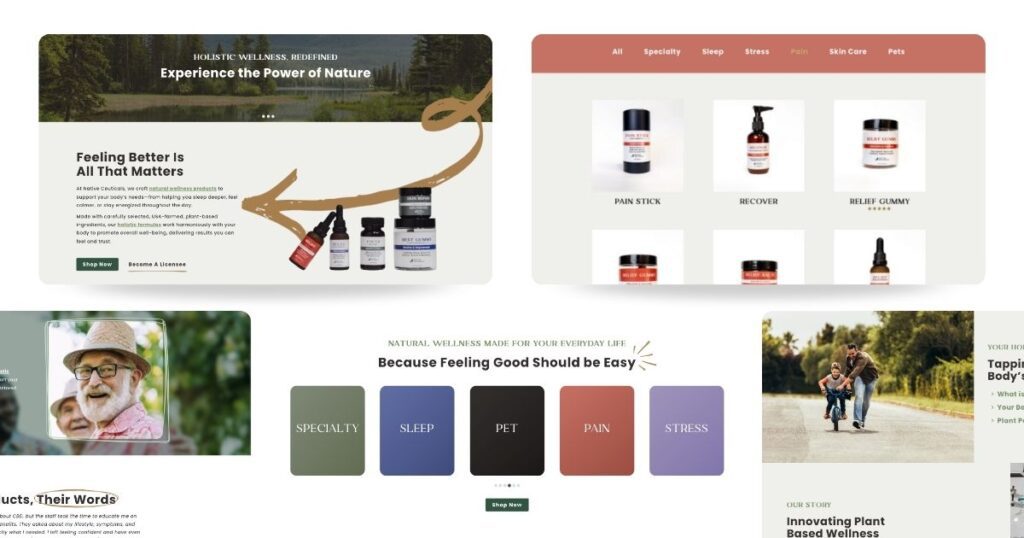 Native Ceuticals e-commerce website design showcasing product categories like pain relief, sleep, and skincare with earthy, solution-based branding.