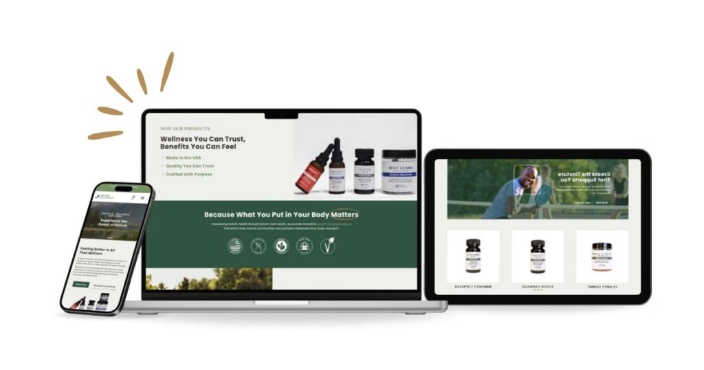 Responsive web design for Native Ceuticals displayed on mobile, tablet, and desktop, emphasizing user-friendly wellness product navigation