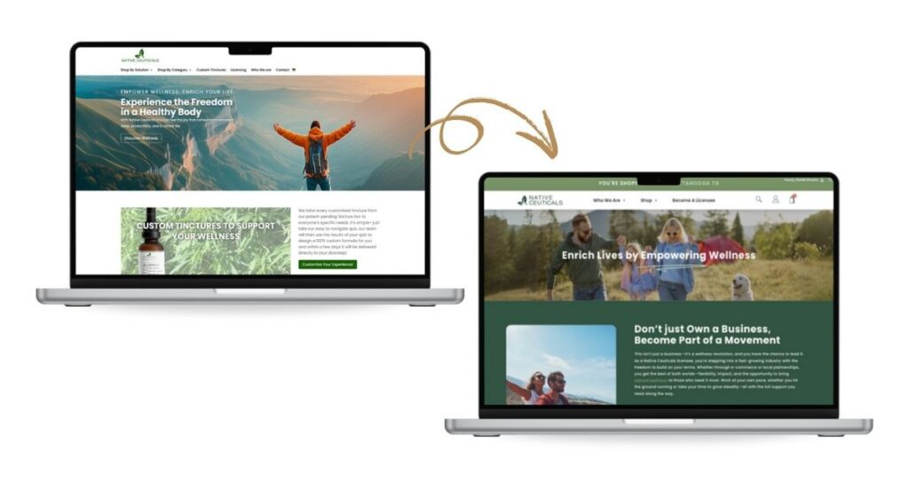 Before-and-after comparison of Native Ceuticals' website homepage, highlighting brand transformation through new messaging and imagery