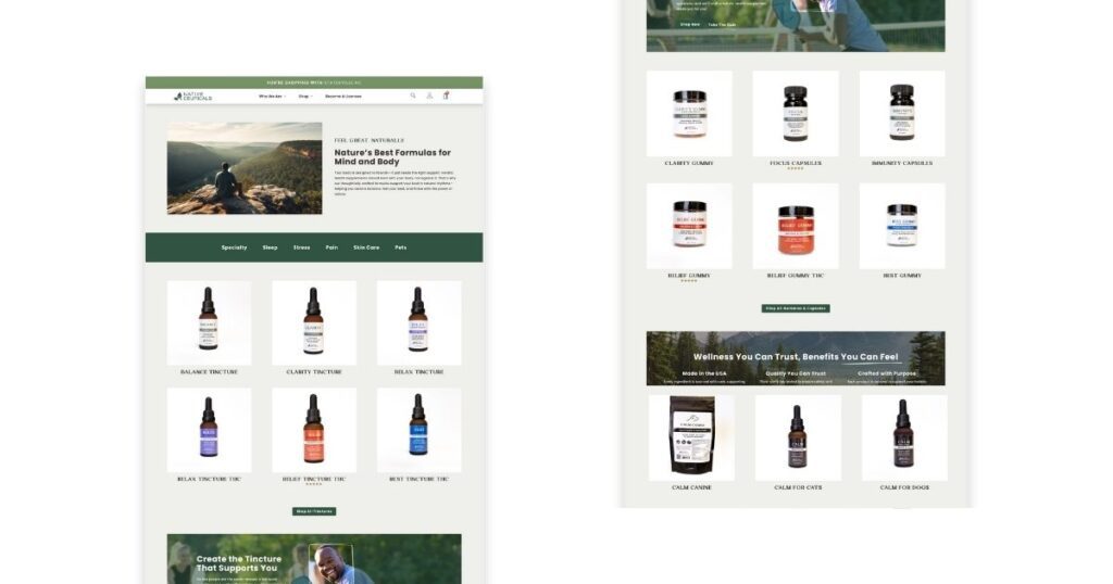 Desktop display of redesigned Native Ceuticals homepage and brand messaging emphasizing transparency and plant-based healing, all part of the comprehensive e-commerce website design.