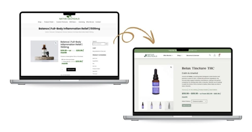 Product grid view on Native Ceuticals e-commerce website design featuring tinctures and gummies with clear, functional packaging design and categories.