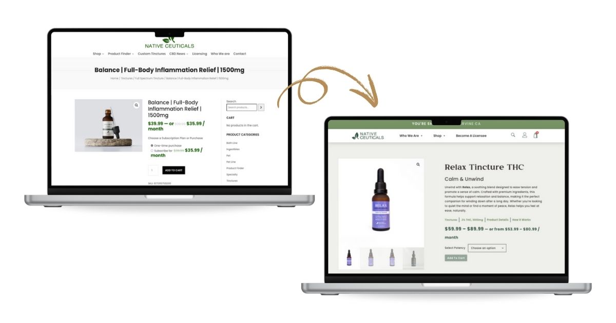 Product grid view on Native Ceuticals e-commerce website design featuring tinctures and gummies with clear, functional packaging design and categories.