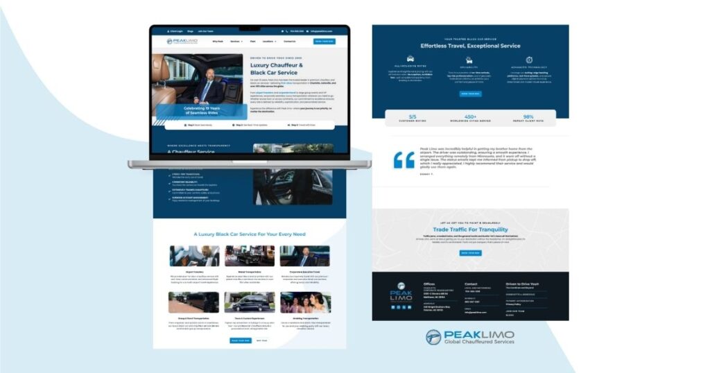 Home page of Peak Limo displayed on a laptop screen along with a screengrab of the rest of the page.