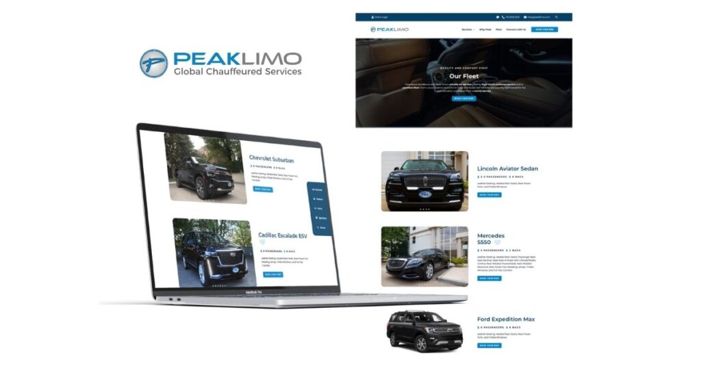 The Fleet page mocked up on a laptop and a full screenshot of Peak Limo's fleet page next to the display.