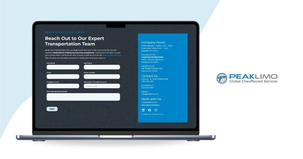 Contact us form for Peak Limo mocked up on a laptop.