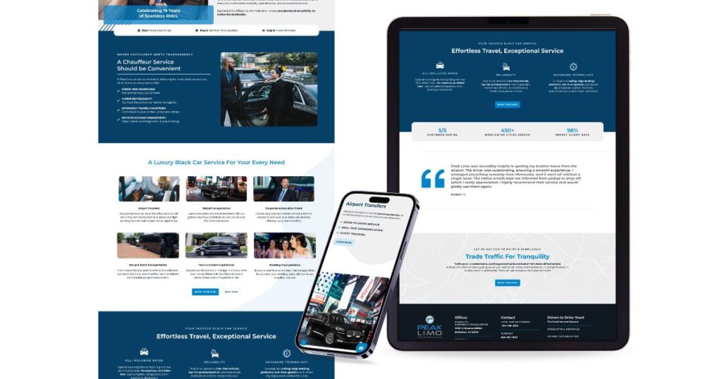 Peak Limo's Home page displayed on mobile and tablet, showing the different platforms the website is easily accessed on, part of the goal of the redesigned website. 