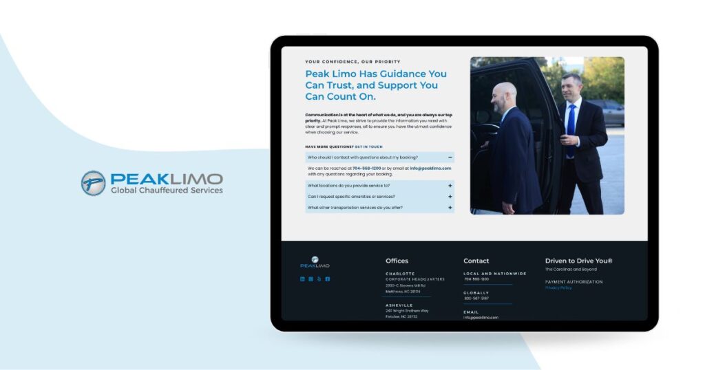 Peak Limo's Frequently Asked Questions page on their newly redesigned website displayed on a tablet, with a header Peak Limo has guidance you can trust, and support you can count on.