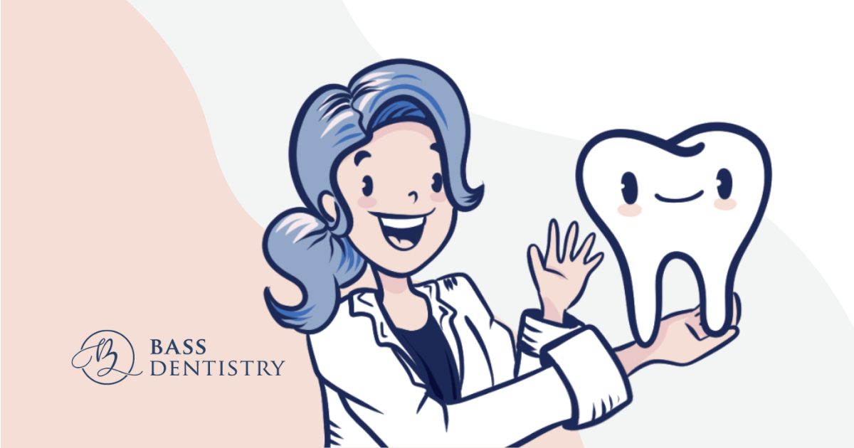 Cartoon Dr. Diana Bass holding a smiling tooth character, visually representing Bass Dentistry’s unique brand identity.