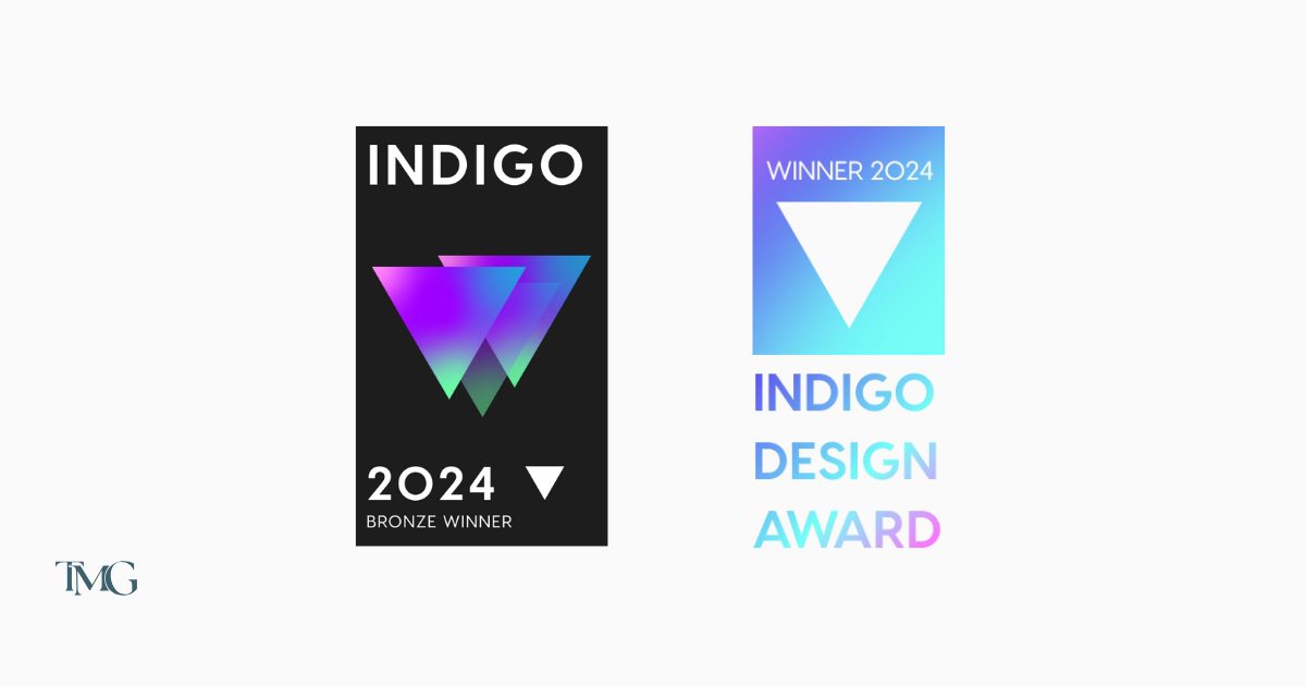 An image showing the badges from TMG winning two Bronze Indigo Design Awards in 2024 for Packaging Design in Graphic Design and Branding in CBD & Hemp.