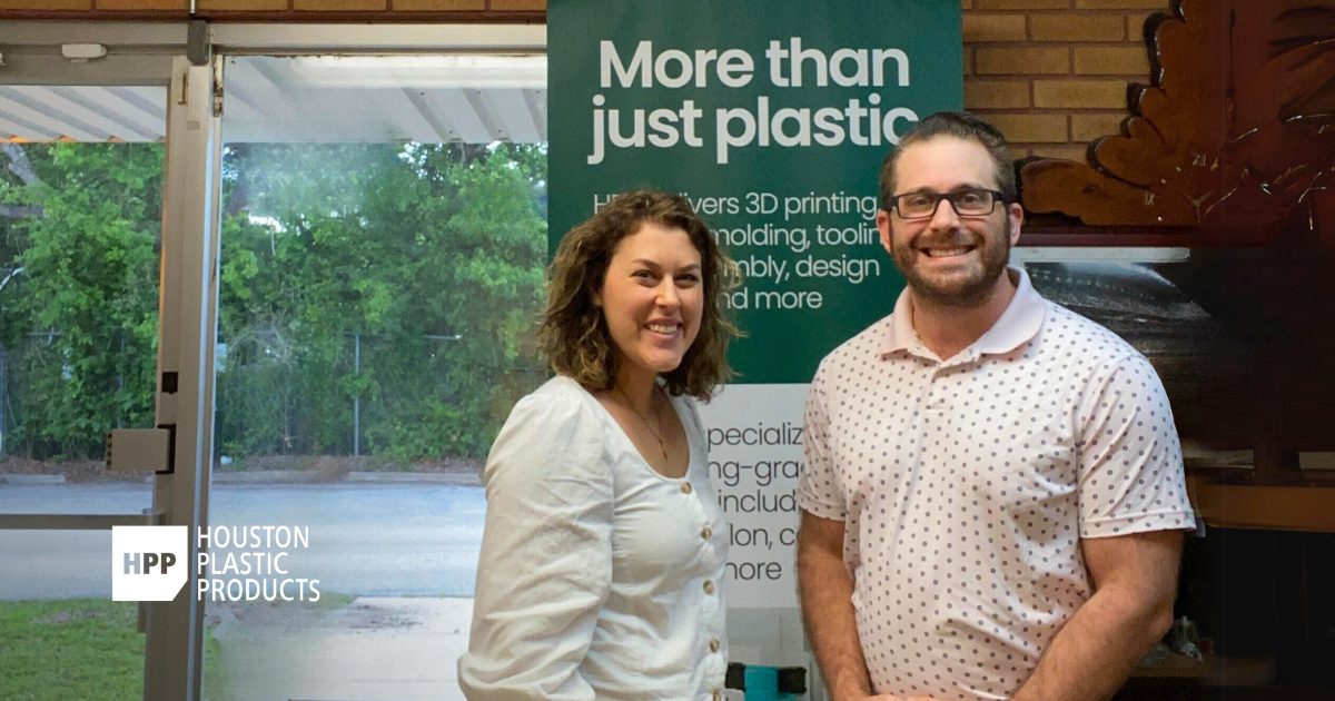 TMG founder Katelyn Strumolo with the owner of Houston Plastic Products, celebrating a successful manufacturing brand refresh focused on innovation and trust