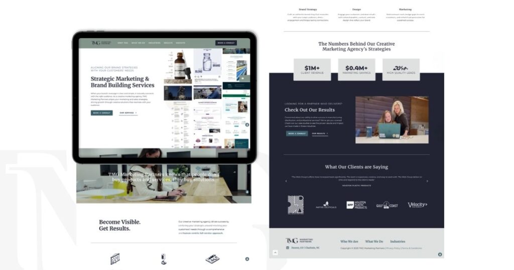 A tablet displaying TMG Marketing Partners' website, highlighting their creative marketing solutions and ability to redefine brands, with visuals of various branding projects on the right side to show credibility.
