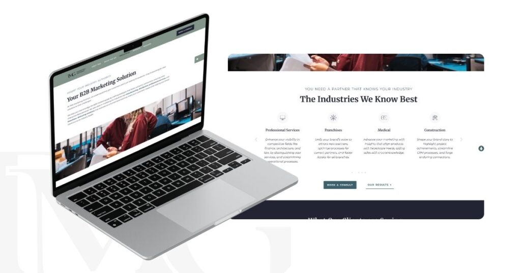 Desktop monitor displaying a webpage from TMG Marketing Partners, highlighting strategic growth solutions such as lead generation, brand awareness, 'smarketing' synergy, and growth-driven design. The page also features logos of client companies, emphasizing TMG's tailored marketing strategies and expertise in various industries.