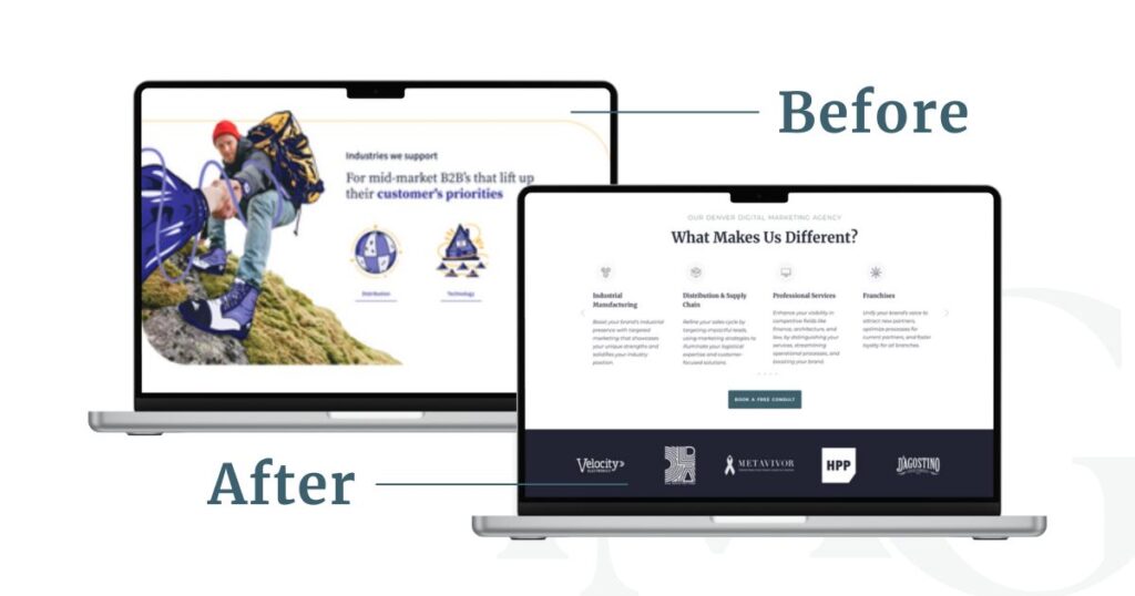 A comparison image showcasing the 'before' and 'after' of TMG's website design. The 'before' version features an image of a hiker with more of a cartoon drawing of industry icons, while the 'after' version highlights a clean, modern design with focused industry sections like Industrial Manufacturing, Distribution & Supply Chain, and Professional Services, emphasizing the website's refined brand messaging and user experience.