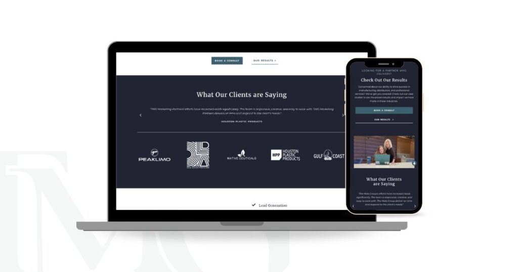 A laptop and smartphone displaying the endless testimonials from happy clients of TMG Marketing Partners. The website section highlights the clients they have worked with as well as kind words from others.