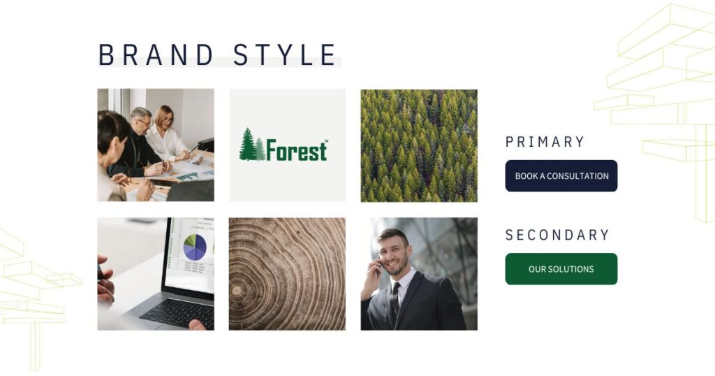 A brand style guide for Forest Systems, showcasing various elements of their brand identity. Images include the Forest Systems logo, a forest, a laptop displaying financial charts, tree rings, and a businessman on the phone. Primary and secondary call-to-action buttons are labeled 'Book a Consultation' and 'Our Solutions,' respectively. This illustrates the design team’s process of developing a cohesive brand identity and determining the best voice for Forest Systems.