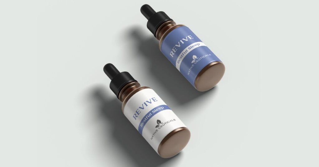 Two Revive Restful Sleep tincture bottles from Native Ceuticals, showcasing redesigned blue and white labels for calming nighttime support.