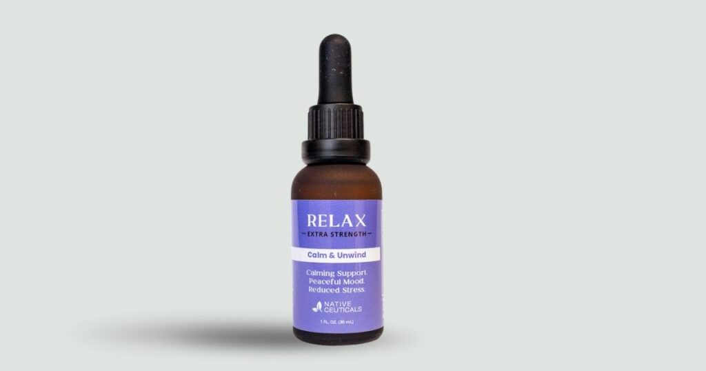 Close-up of Native Ceuticals RELAX Extra Strength tincture bottle with redesigned label highlighting calming support and peaceful mood benefits.