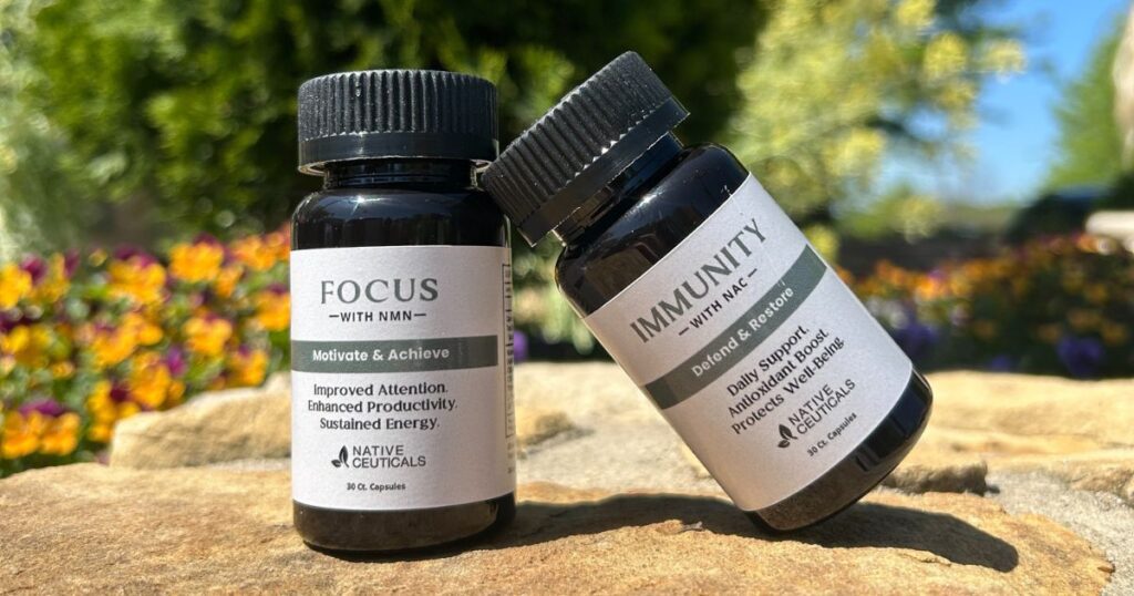 Focus and Immunity capsules from Native Ceuticals posed outdoors, displaying updated branding for mental energy and daily immune support.