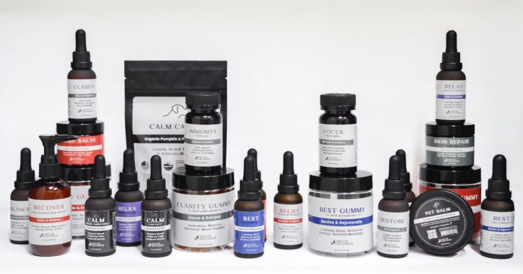 Full collection of redesigned Native Ceuticals wellness products including tinctures, gummies, balms, and powders for holistic health.