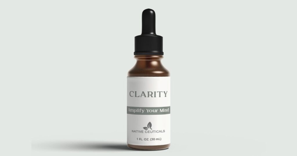 Minimalist studio image of Native Ceuticals CLARITY tincture, emphasizing clean label design and focus-enhancing benefits.