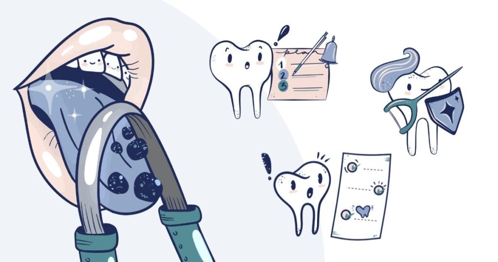 Cartoon dental illustrations depicting procedures, dental planning, and tooth care to make healthcare marketing more approachable.
