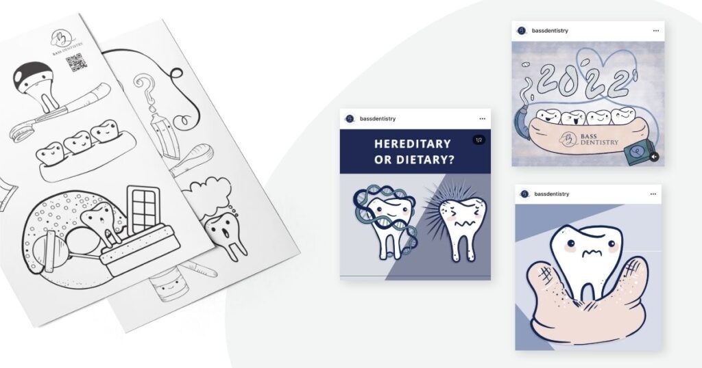 Bass Dentistry social media and printable coloring sheet designs featuring playful tooth characters and dental health education.