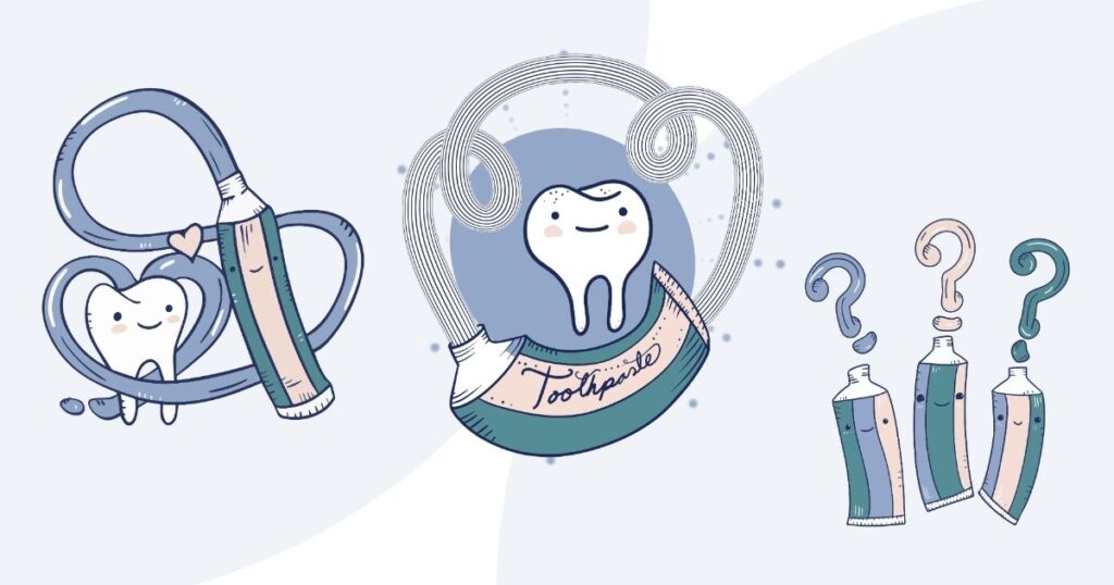 Creative illustrations showing toothpaste tubes and happy teeth emphasizing friendly healthcare marketing visuals.