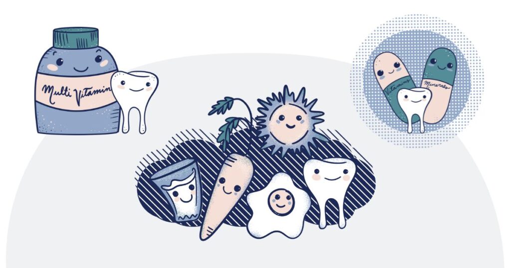 Dental health illustration featuring vitamins, minerals, and healthy foods supporting oral wellness.