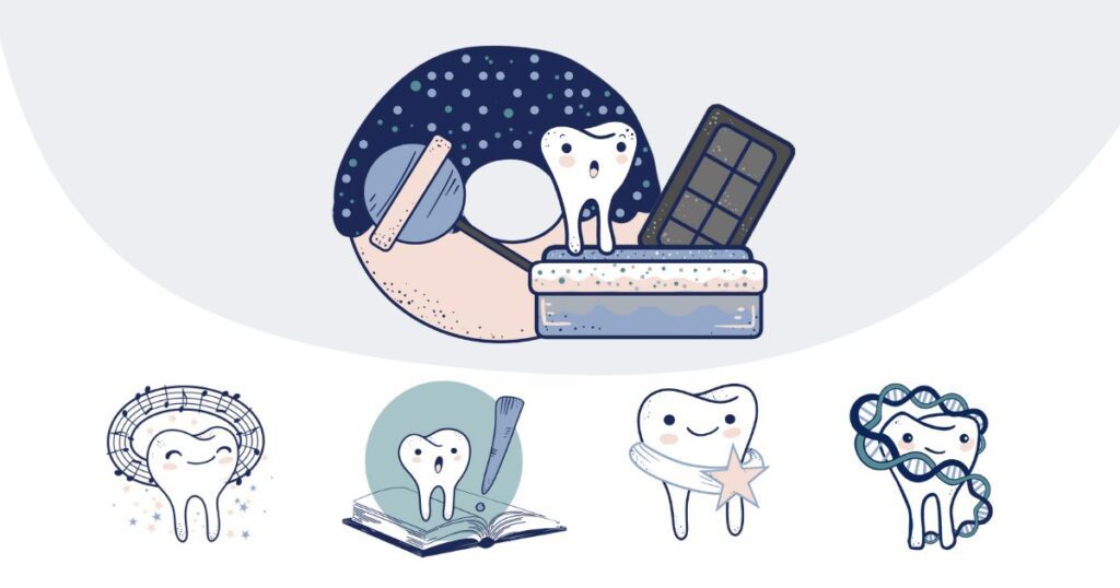 Cute dental characters exploring causes of tooth decay including sugar, diet, and genetics in a fun, engaging format.