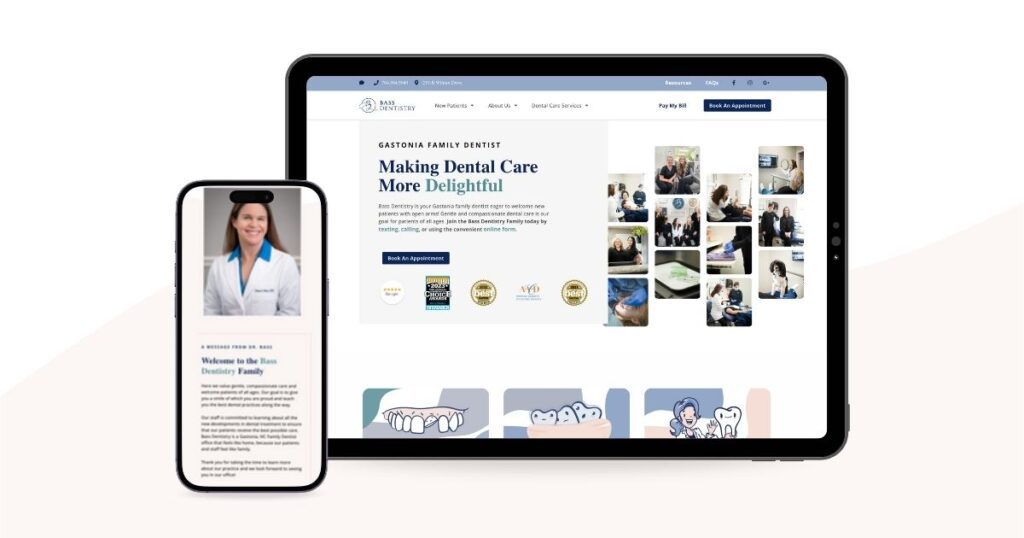 Tablet and phone displaying the updated Bass Dentistry website, showcasing modern design, dental care visuals, and mobile responsiveness after strategic website maintenance.