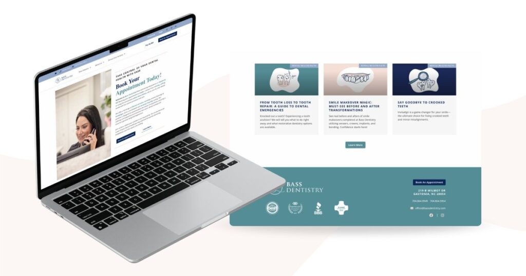 Laptop view of the refreshed dental practice website for Bass Dentistry, highlighting improved layout, updated brand visuals, and user-friendly navigation.