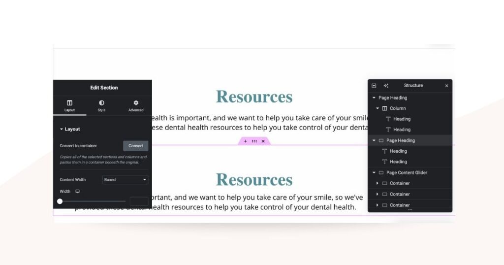 Behind-the-scenes view of the website editor interface during container structure conversion for Bass Dentistry’s dental practice website, optimizing for WordPress compatibility.

