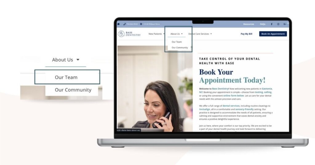 Drop-down navigation menu for “About Us” on the updated Bass Dentistry website, emphasizing improved structure and UX-focused navigation.