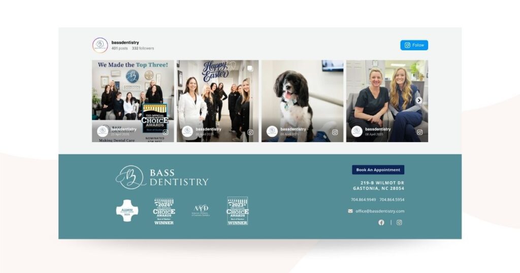 Instagram feed section on the Bass Dentistry website featuring staff photos and awards, reflecting the updated brand identity and enhanced digital presence through strategic website maintenance.