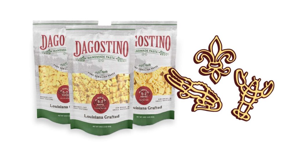 Dagostino handmade pasta packaging with custom pasta shapes like fleur-de-lis, crawfish, and alligator