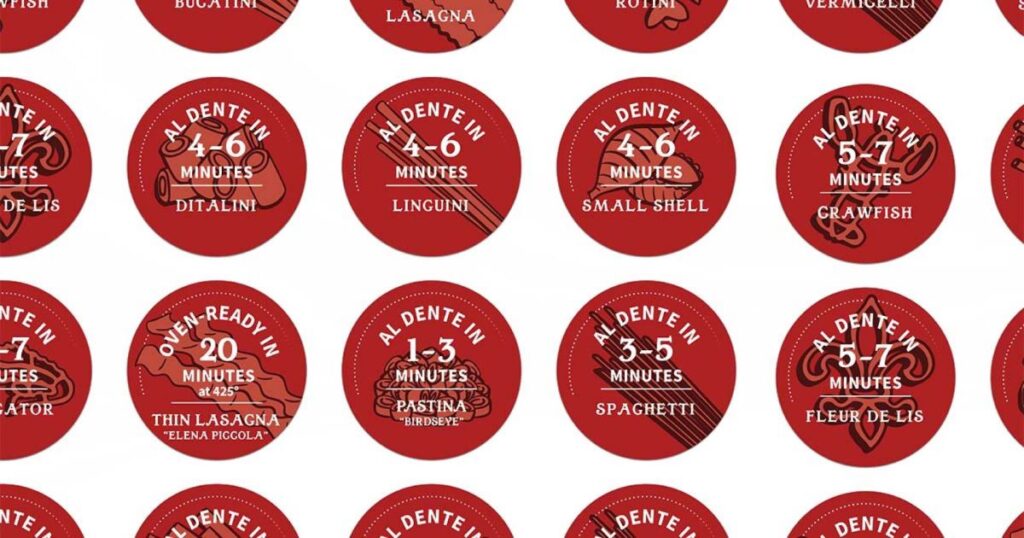 Red circular badges displaying Dagostino Pasta’s al dente cooking times for various pasta shapes