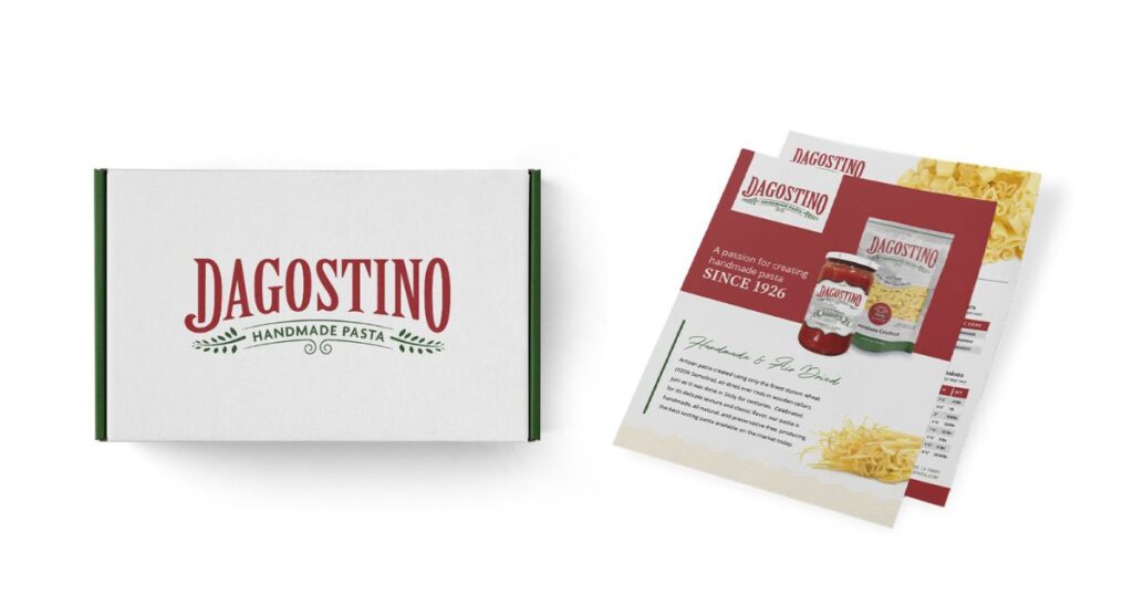 Dagostino Pasta shipping box and brand flyers emphasizing handmade tradition since 1926