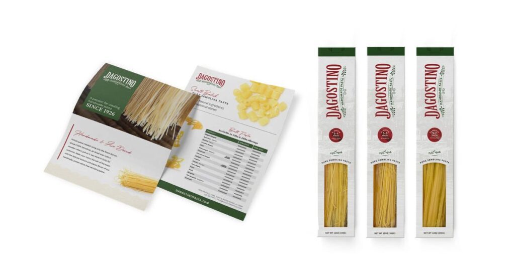 Dagostino Pasta product catalog with dried pasta visuals and vertical packaging design