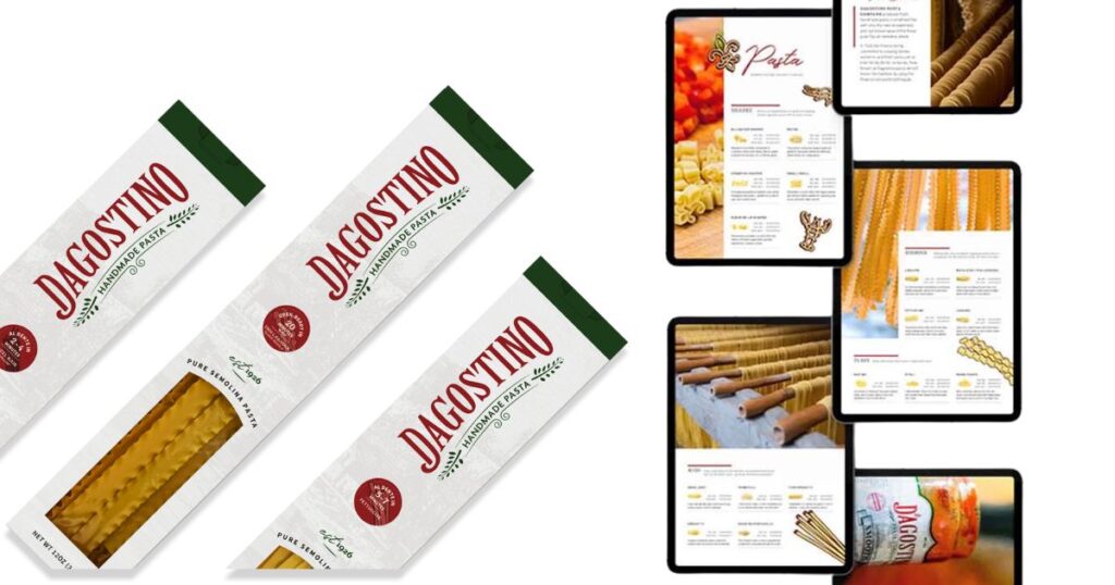 Dagostino Pasta boxes and digital menu design showcasing packaging innovation and pasta variety