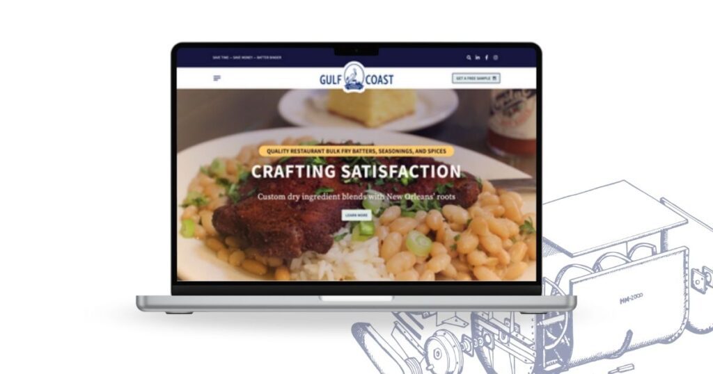 Gulf Coast Blenders website homepage featuring a plate of red beans, rice, and blackened meat to showcase culinary heritage and branding.