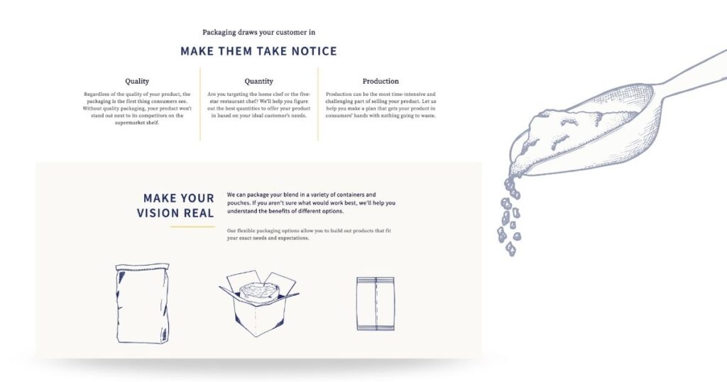 Web design section explaining Gulf Coast Blenders’ packaging options, quality promise, and custom product containers to highlight brand flexibility.