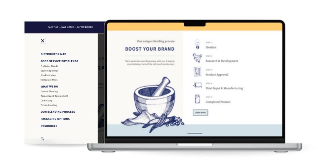Online navigation menu and blending process visuals highlighting step-by-step ideation to manufacturing at Gulf Coast Blenders.