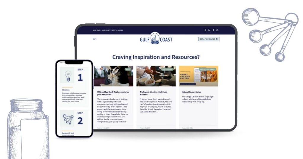 Mobile and desktop screens showing blog content and resources by Gulf Coast Blenders, offering culinary insights and product education.